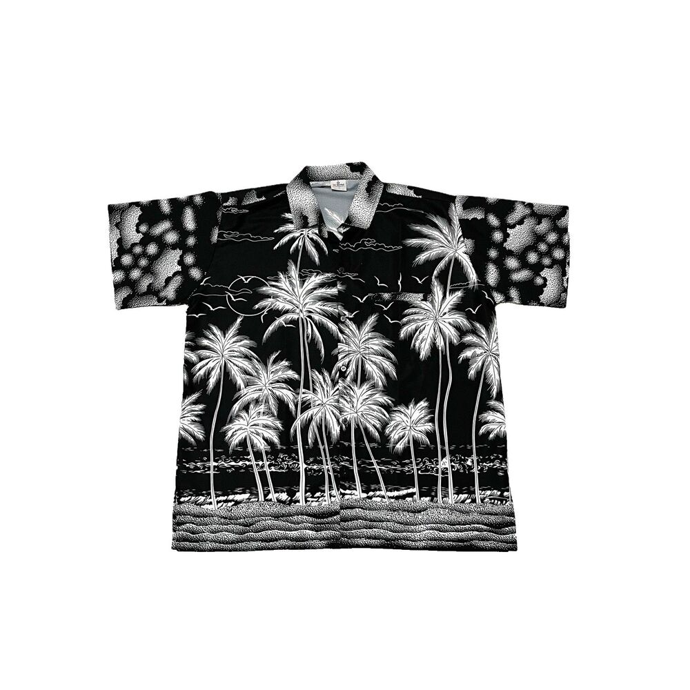 La Leela Black W/White Palm Trees Hawaiian Shirt Size Large